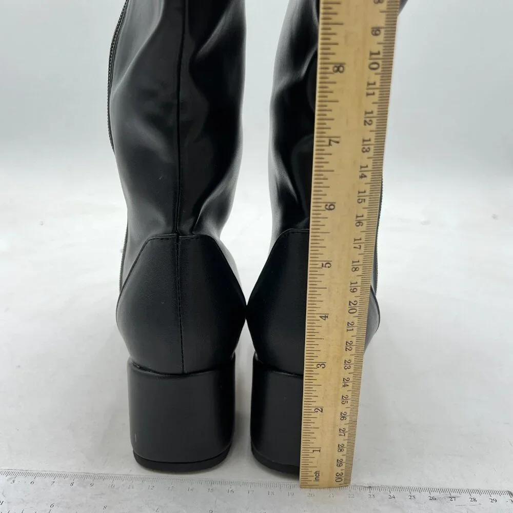 Black Women Pointed Toe Knee High Boot Chunky Heel Riding Boots Side Zipper Shoe